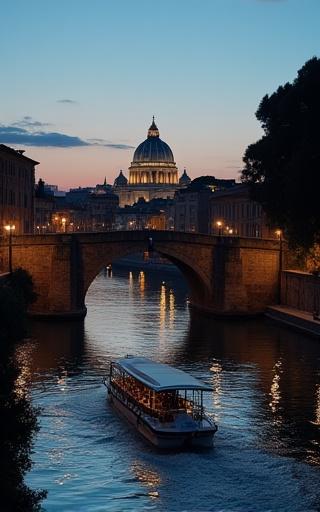 Battello sul Tevere a Roma al crepuscolo