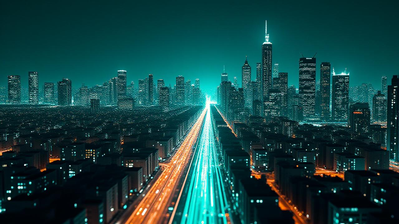 Digital representation of a smart energy grid overlaid on a city landscape