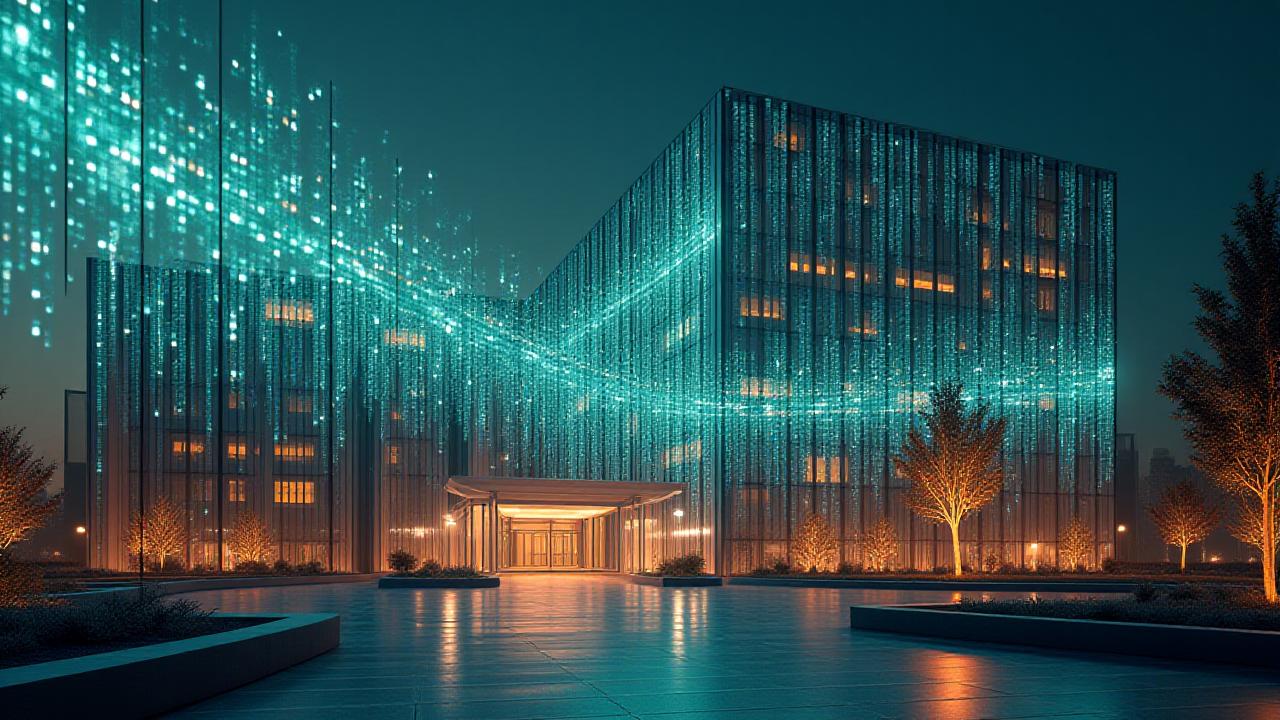 A high-tech digital twin visualization of a municipal campus with energy flow data overlays