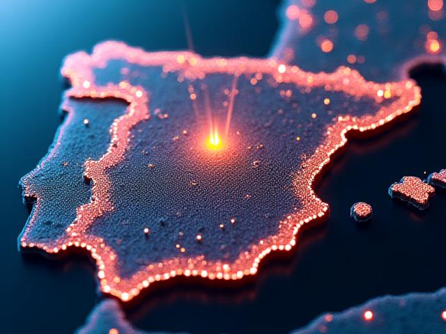 Infographic showing data streams over Madrid and Barcelona cityscapes