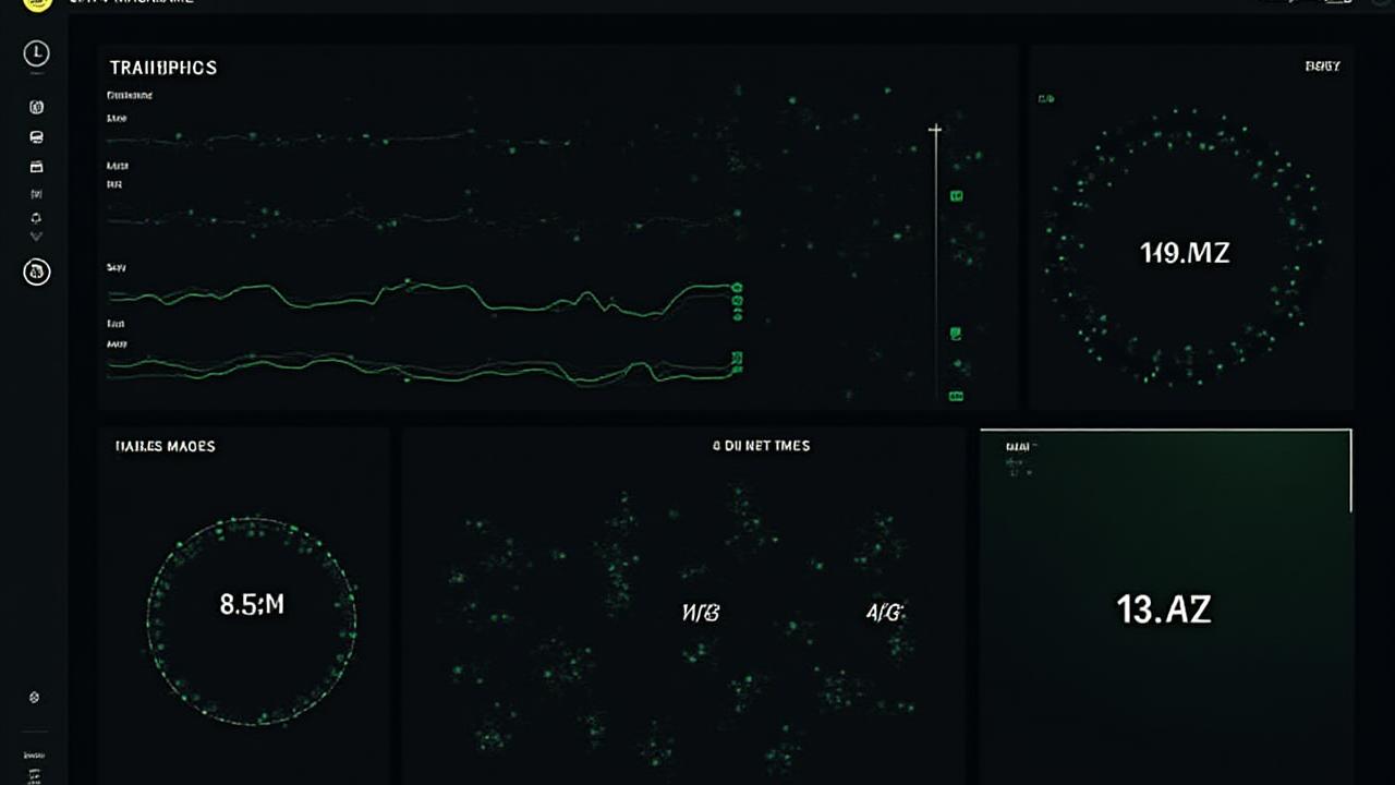 Dark mode analytics dashboard with neon green and cyan data visualizations