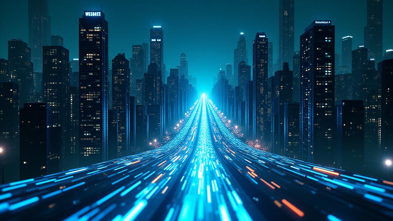 Futuristic digital city network visualization with glowing data streams