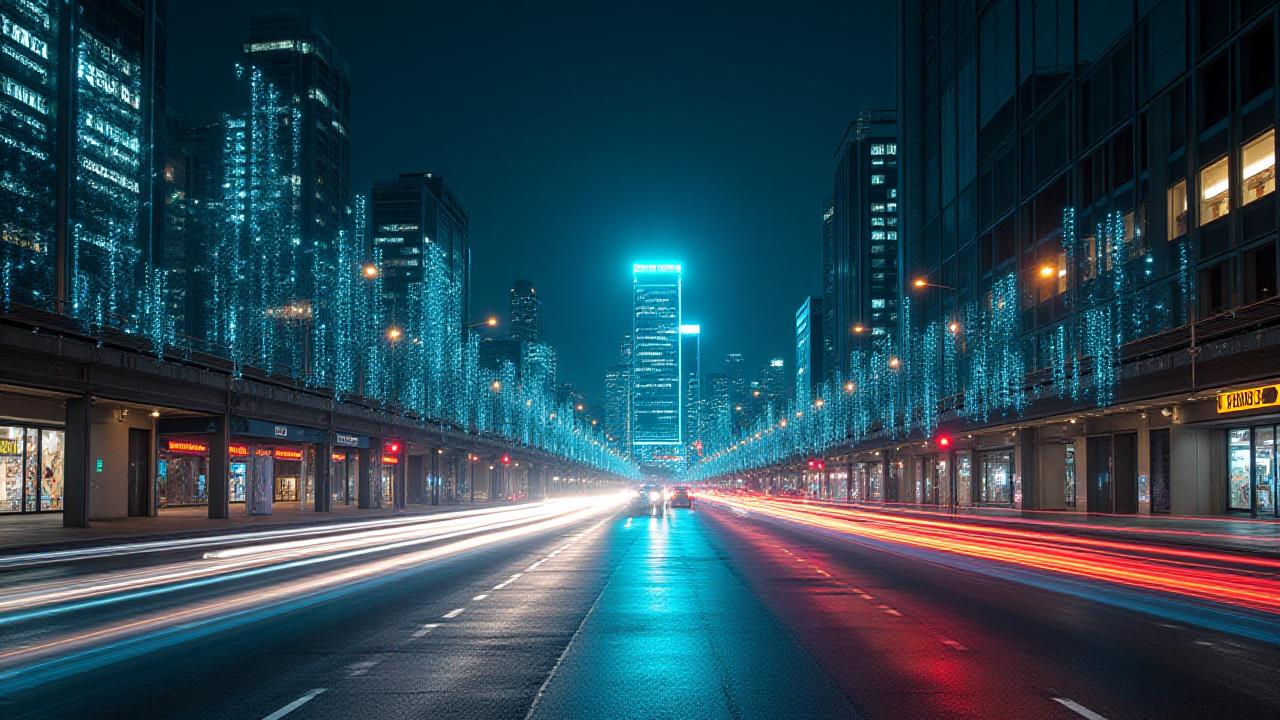 Futuristic city street with AI-managed parking and transport