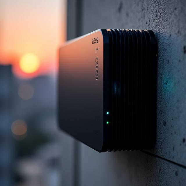 A sleek, industrial edge computing node installed in an urban environment