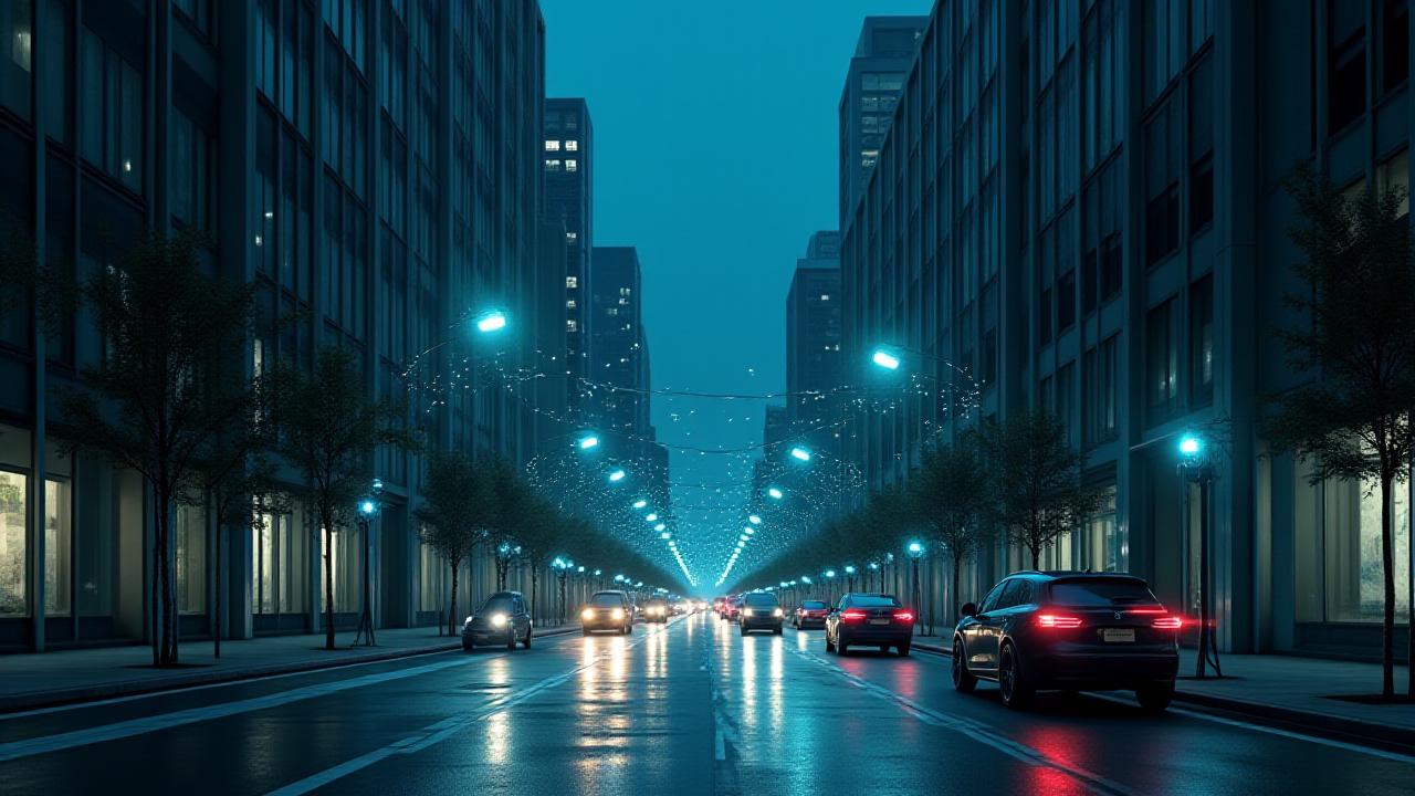 A futuristic city street at night illuminated by intelligent sensor-equipped streetlights