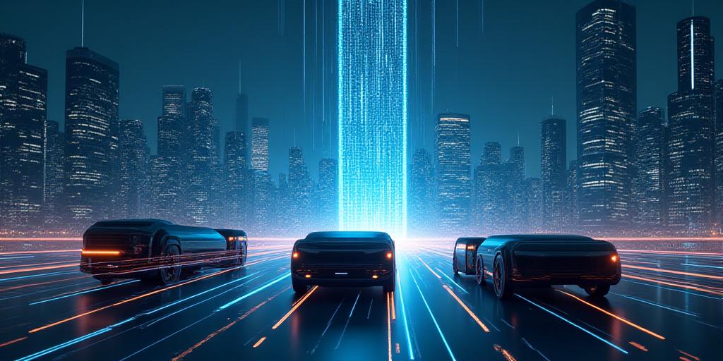 Concept art of a central AI hub communicating with digital silhouettes of cars and buses