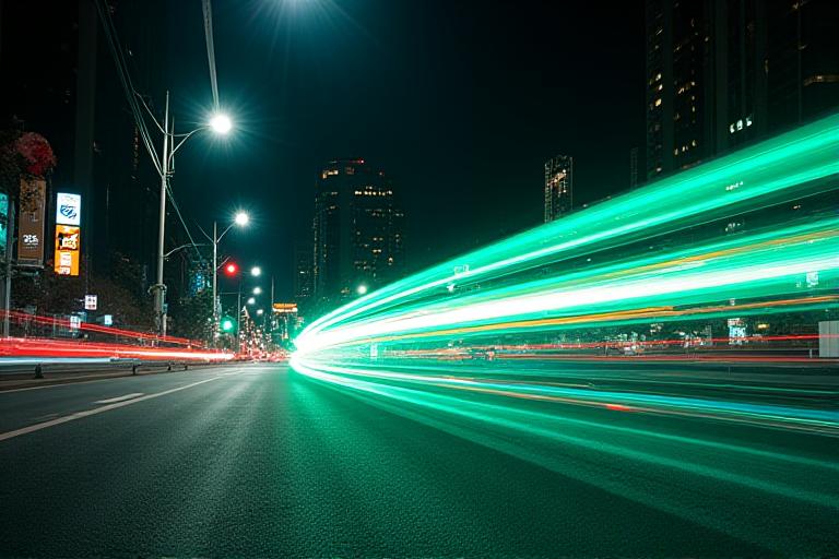 Long exposure of city traffic lights creating neon streams of movement