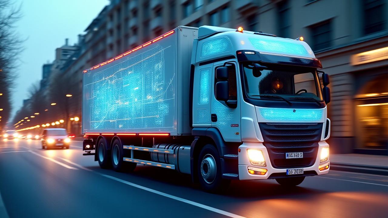 Advanced AI waste management truck navigating a high-tech city grid