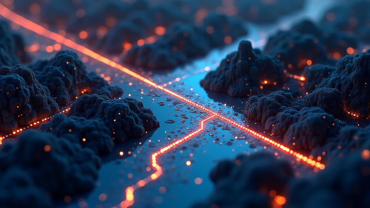 3D glowing blueprint of city underground pipe network with pulsating data nodes